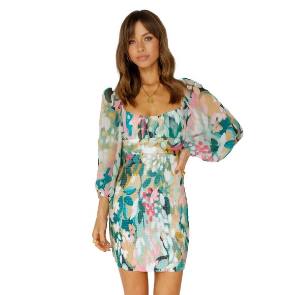 Here Comes The Sun Forest Shades Dress Mini Blue Green Pink Size Small Open Back - Picture 1 of 10